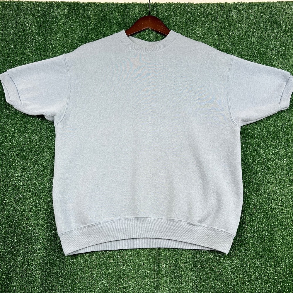 VTG Short Sleeve Sweatshirt Pullover Mens L Light Blue Fleece Lined Ringer 70s